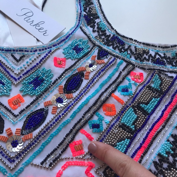 Parker Beaded Multicolor White Mini Cocktail Dress - New With Tags NWT $396 - Picture 12 of 16